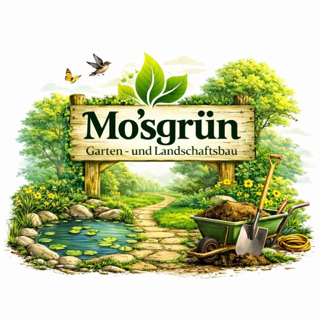 Illustrierte Gartenszene mit Mo'sgrün-Schriftzug auf einem Holzschild